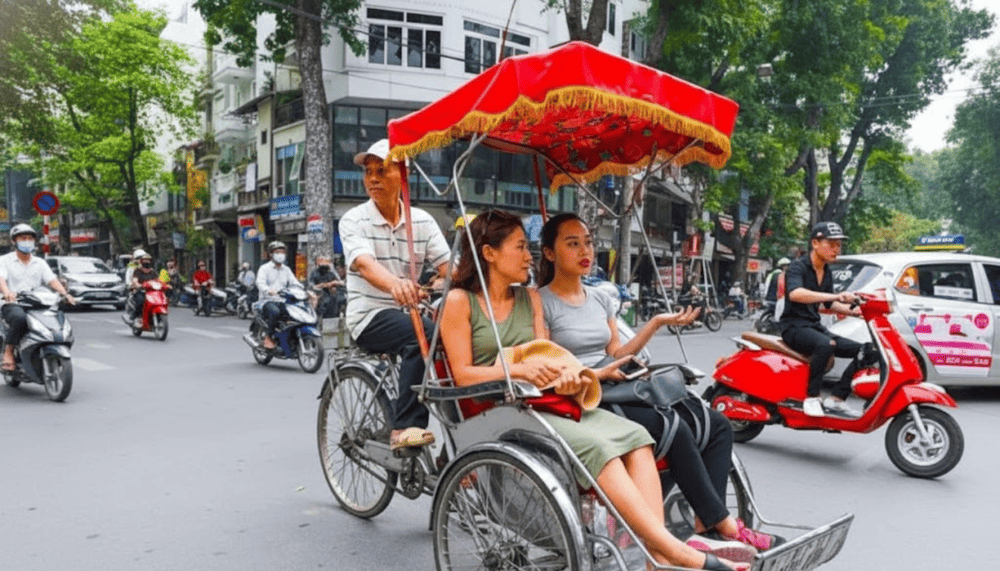 A cyclo (xich lo) offers a traditional, leisurely ride through Hanoi’s streets, providing a charming experience for tourists